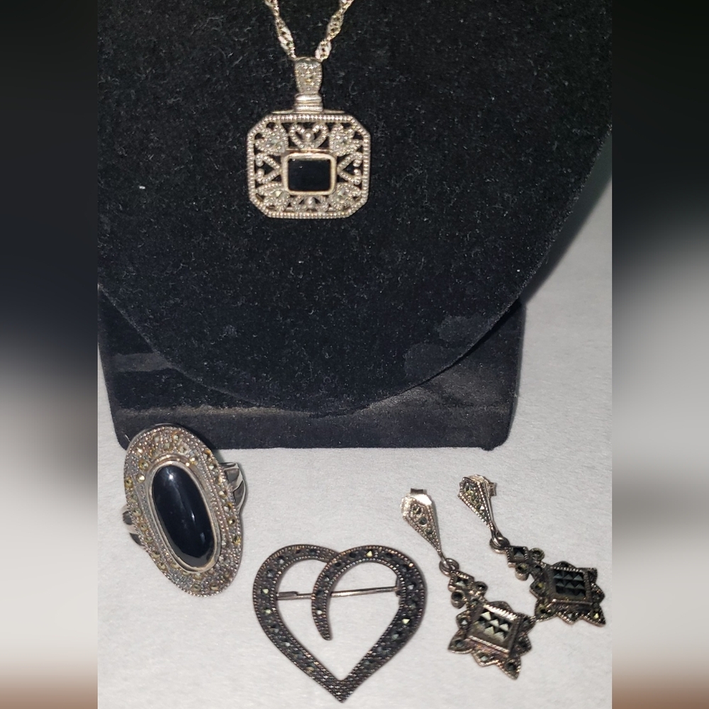 Sterling Silver Onyx and Marcasite jewelry set. RING, NECKLACE, PIN, Earrings .